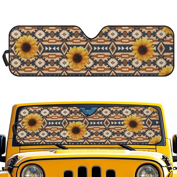 Yuyamidu Aztec Sunflowers Windshield Sun Shade Compatible with Jeep Wrangler JK JKU JL JLU 1997-2023 & Jeep Gladiator JT 2020-2023 16.14" x 52.95" Folding Front Window Sun Shade Car Accessories