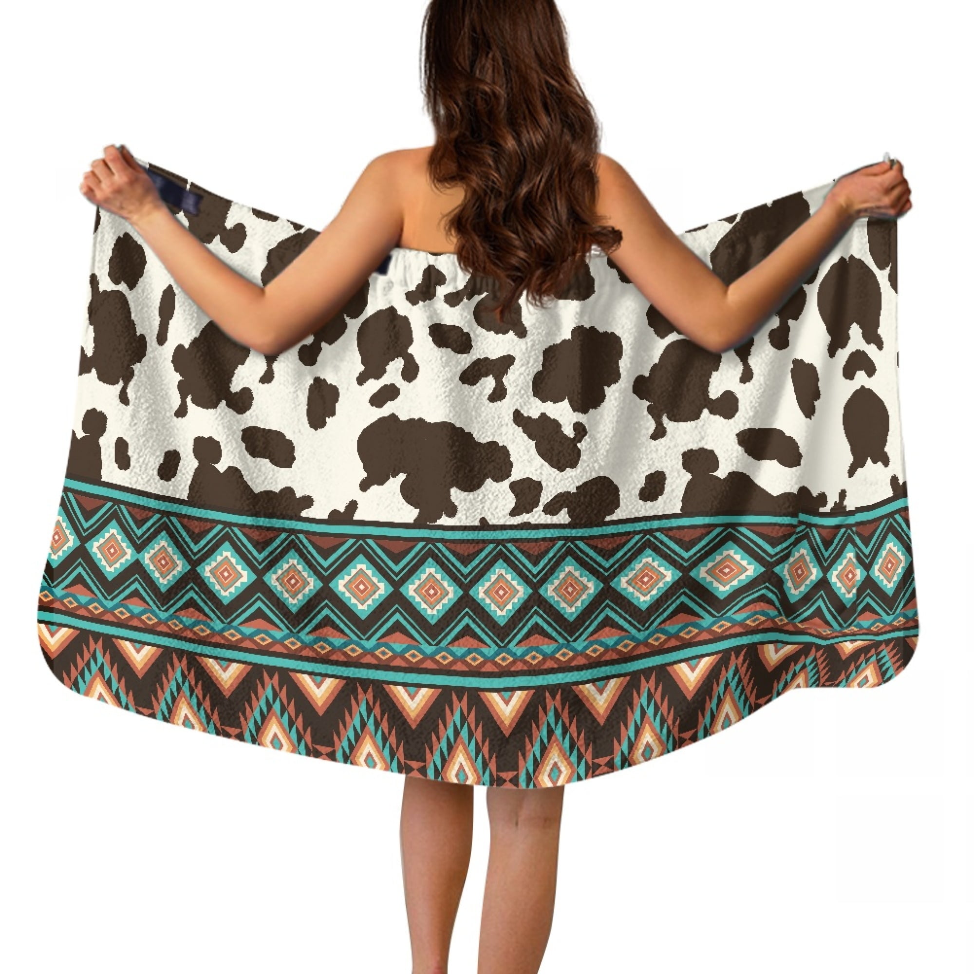 Yuyamidu Aztec Towel Body Wrap for Women Brown Cow Print Bath Wrap Towel Size L Spa Wrap Knee Length Bath Towels with Pocket Bathroom Shower Wrap Towel