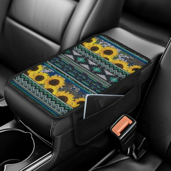 Yuyamidu Aztec Tribal Car Center Console Cover Sunflower Armrest Seat Box Cover for Most Vehicles Universal Auto Center Console Arm Rest Pad Automotive Accessories