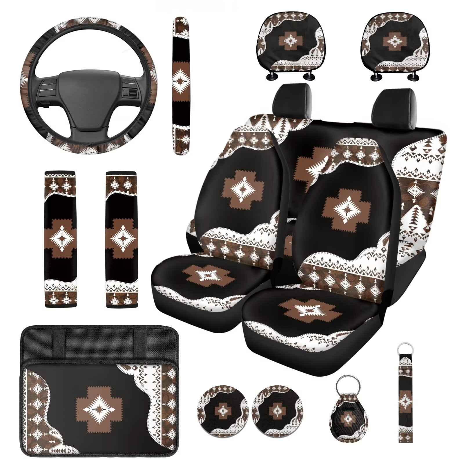 Yuyamidu Aztec Western Car Seat Covers Full Set with Steering Wheel Cover Safe Belt Pads Geometric Headrest Covers Coasters Key Ring Car Center Console Cover Fit for SUV Van, 14 Pack