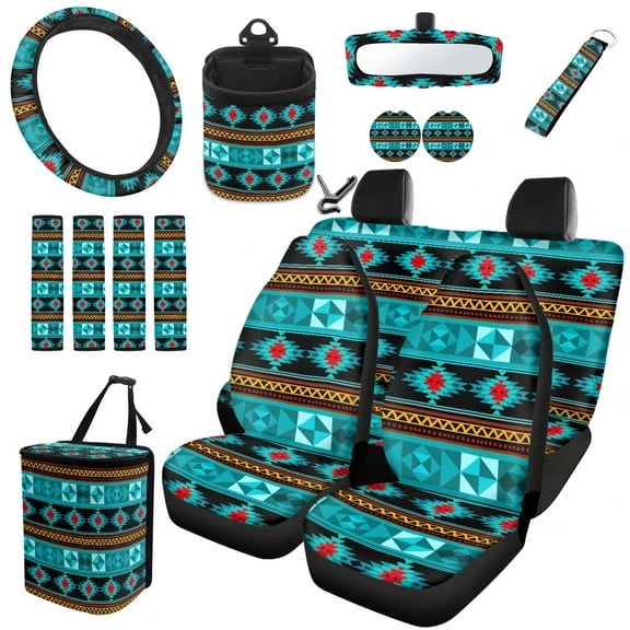 Yuyamidu Aztec Western Geometric Car Seat Cover Set of 15 Blue Steering Wheel Cover Seat Belt Pad Cover Trash Bin Rear View Mirror Cover Cup Holders Keychain Air Vent Storage Holder Car Decor