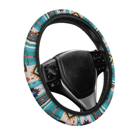 Yuyamidu Aztec Western Geometric Car Steering Wheel Cover Blue Flannel Steering Wheel Case Winter Warm Auto Interior Decor Anti Slip Steering Wheel Accessories for Sedan