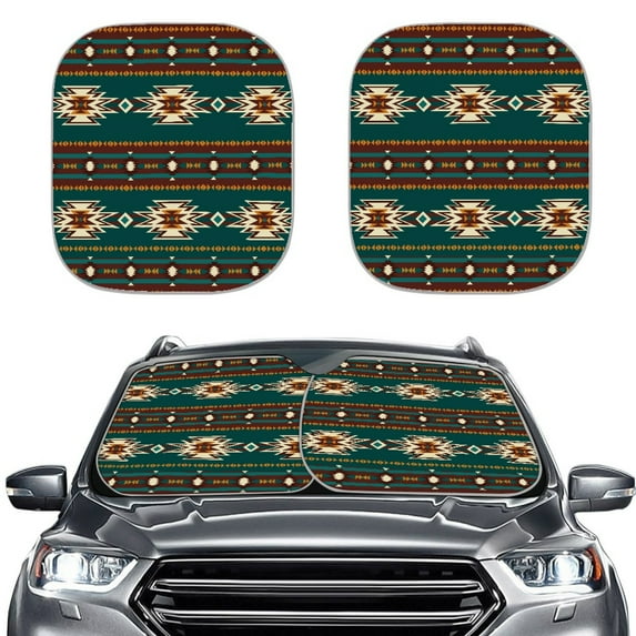 Yuyamidu Aztec Western Geometric Car Sun Shade Windshield Green Car Windshield Shades 2 Packs Fashion Windshield Cover for Automotive Truck Van Interior Decor Accessories
