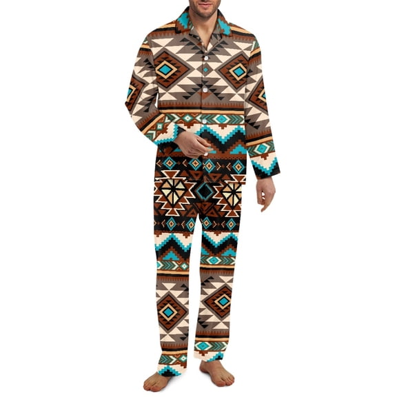 Yuyamidu Aztec Western Geometric Mens Button Down Pajamas Sets Size XS 2 PCS Casual Long Sleeve Lounge Wear Comfy Sleep Tops & Long Pants with Pockets, Brown