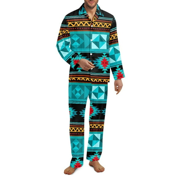 Yuyamidu Aztec Western Geometric Mens Pajama Pants Sets Long Sleeve Notch Collar Nightwear Set of 2 Lightweight Button Down Sleep Lounge Wear for Men Size XL, Blue