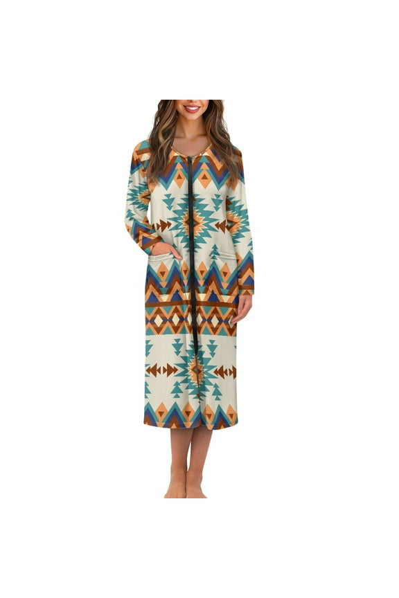 Aztec Western Geometric Zipper Bathrobe for Women Lightweight Long Sleeve Robes Nightgowns Soft Mid-Calf Length Bathrobes Spa Robes Zipper Front Housecoat Size S