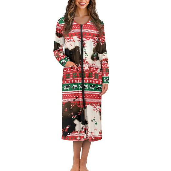 Yuyamidu Aztec Women Bath Robes Female Zipper Front Long Sleeves Bathrobe Cow Print Housecoat Nightgown Size M Ladies Lounge Dresses Christmas Mid-Length Pjs Sleepdress, Red