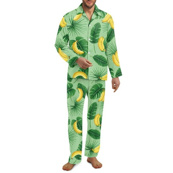 Yuyamidu Banana Long Sleeve Pajamas for Men Palm Leaves Long Pj Pants Set of 2 Casual Home Wear Indoor Loungewear Size 2XL Green Button Down Sleep Wear