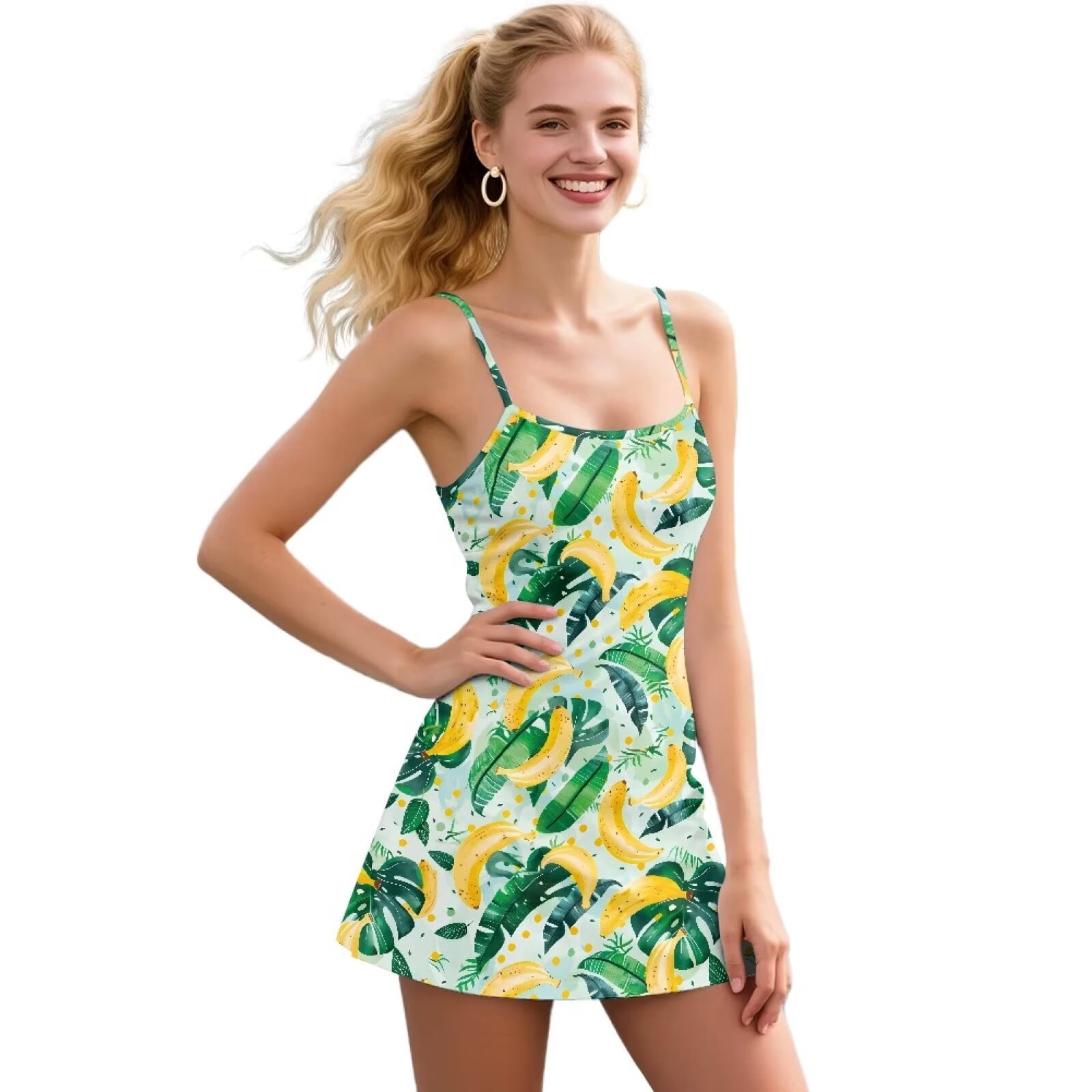 Yuyamidu Banana Women Athletic Dress Summer Tennis Golf Dresses for Women Size 2XL Green Palm Leaves Workout Active Sports Dress and Built in Shorts with Pocket