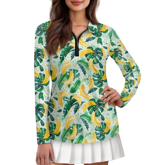 Yuyamidu Banana Women's Golf Shirts Golf Top Green Palm Leaves Collared Long Sleeve Tennis Shirt Activewear 1/4 Zipper Outfits Size XL