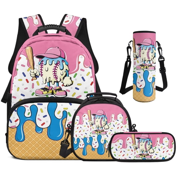 Yuyamidu Baseball Backpack & Lunchbox Set Girls Bookbag and Lunch Box Age 8-10 Ice Cream Book Bags with Pencil Bag Pencil Case Water Bottle Sling Bag 4 in 1 Middle Schoolbag for Kids