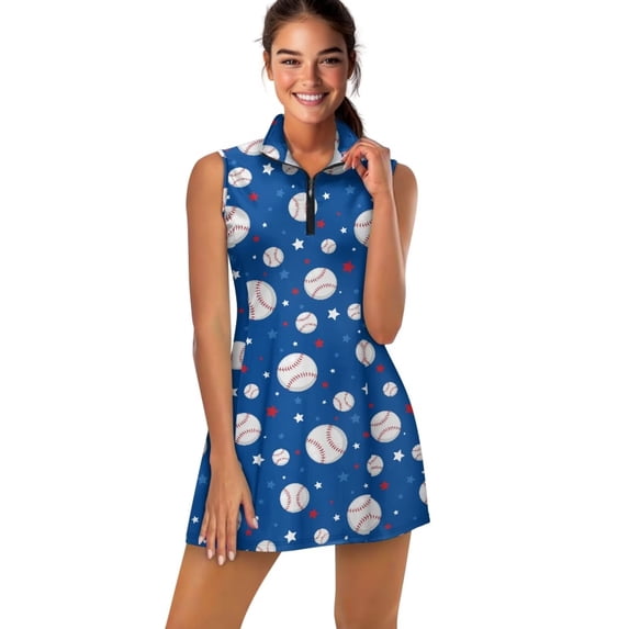 Yuyamidu Baseball Womens Workout Golf Dress Comfortable Womens Tennis Golf Dress Sleeveless Moisture Wicking Workout Dresses with Built-in Shorts Summer Clothes Size XS
