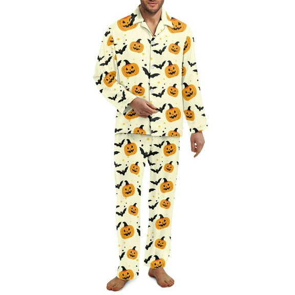 Yuyamidu Bat Button Down Pajama Set for Men 2 PCS Pumpkin Loungewear for Travel Walking Cute Halloween V Neck Nightwear Size 2XL Yellow Long Sleeve Sleepwear with Pockets