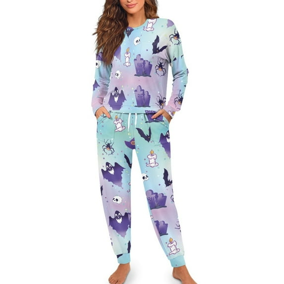 Yuyamidu Bat Nightwear for Women Pajama Set Pants and Pajamas Top Size XL Halloween Long Sleeve Sleepwear Sets of 2 Ghost Jogger Yoga Lounge Wear Outfits, Blue Purple