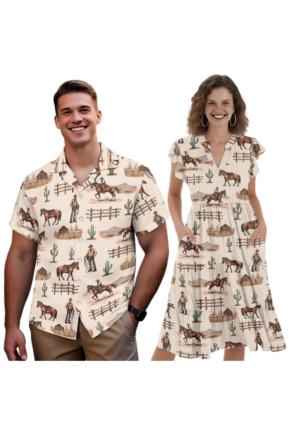 Beach Couple Outfits Cowboy Western Print Mens Western Shirts Womens Cowboy Dress Cowboy Western Matching Hawaiian Outfits for Couples Tropical Smocked, Size XL