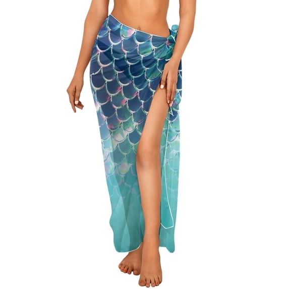 Yuyamidu Beach Sarong Wraps for Women Blue Fish Scale Chiffon Swimsuit Coverups Bathing Suit Hawaii Beachwear Dress