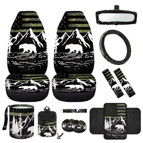 Yuyamidu Bear Car Front Seat Covers Full Set of 12 American Flag Steering Wheel Cover Seat Belt Covers Trash Can Armrest Pad Rear View Mirror Cover Coasters Keychain Air Vent Storage Organizer