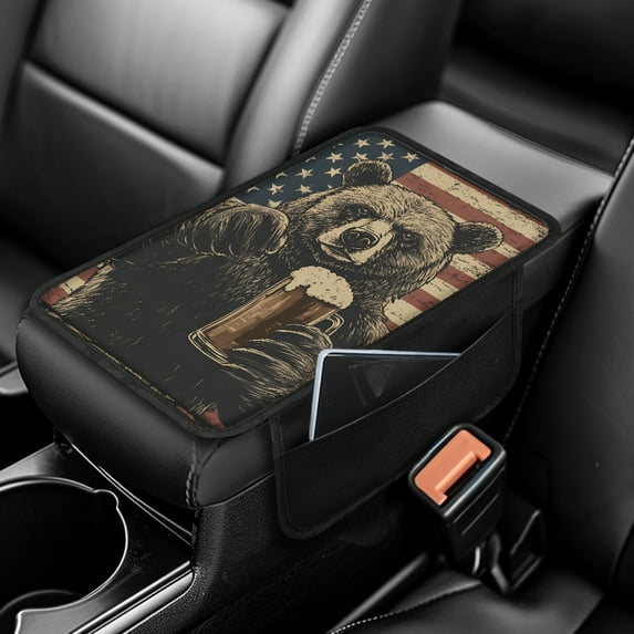 Yuyamidu Bear Center Console Armrest Covers for Cars Trucks SUVs American Flag Auto Armrest Cover Pad Universal Center Console Cover Pad Car Decorative Accessories