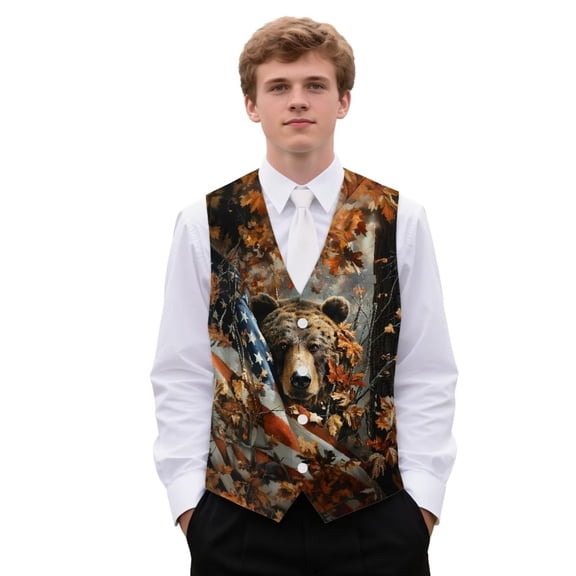 Yuyamidu Bear Men's Suit Vest American Flag Dress Vest for Men Size 2XL Camo Hunting Formal Business Waistcoat Tuxedo V-Neck Vests for Wedding