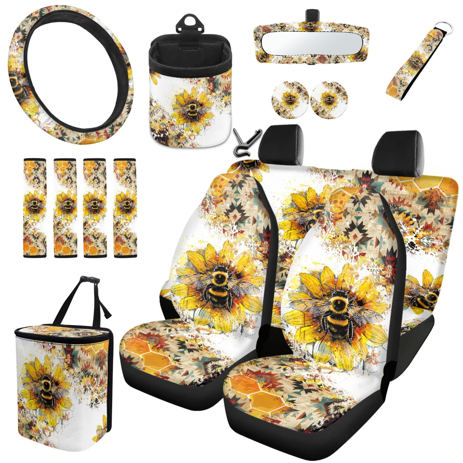 Yuyamidu Bee Car Seat Cover 15 PCS Sunflower Auto Front Back Seat Cover with Steering Wheel Cover Seat Belt Pads Trash Bin Auto Storage Organizer Rearview Mirror Cover Cup Holder Wrist Key Chain