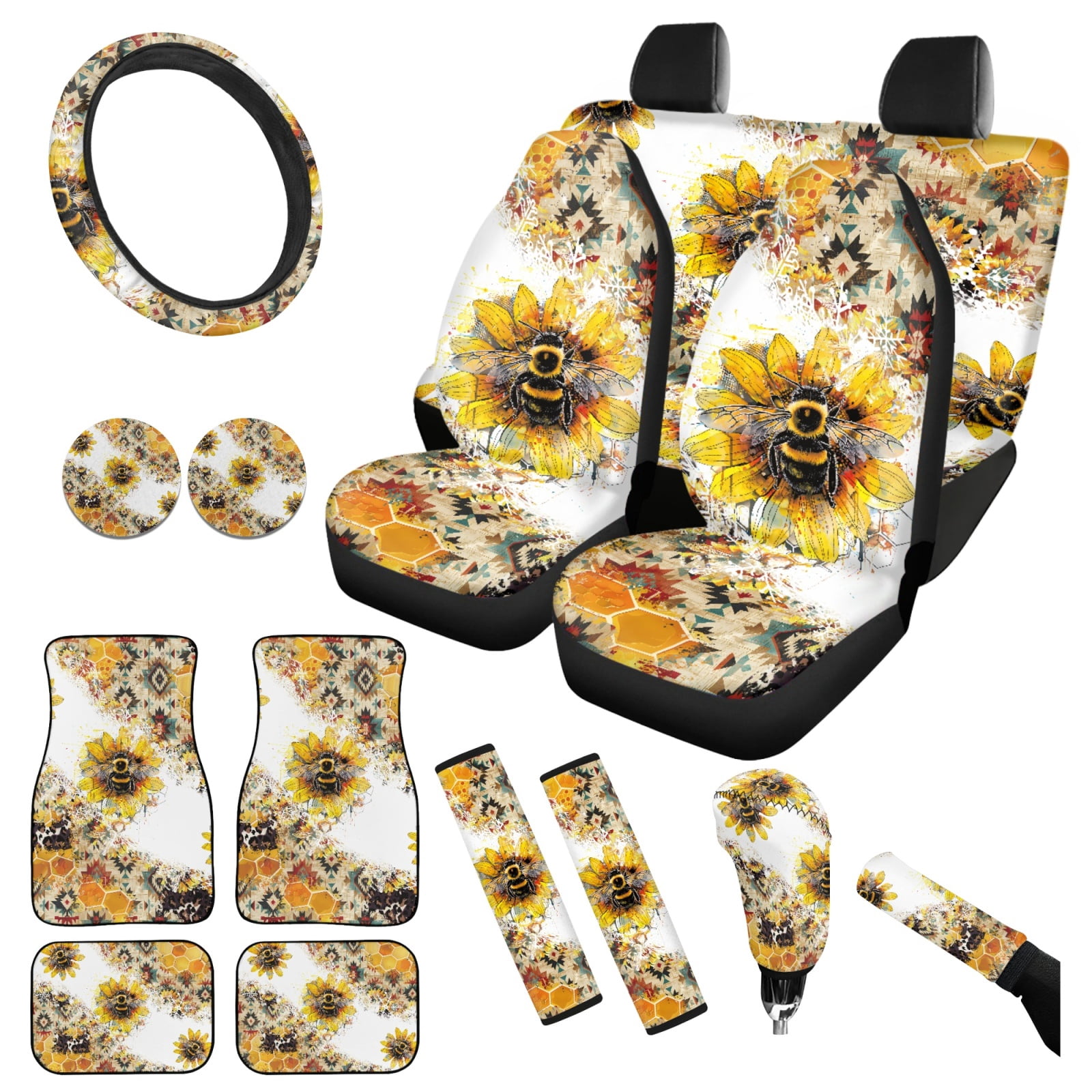 Yuyamidu Bee Car Seat Cover Set of 15 Yellow Sunflower Auto Carpet Mats Steering Wheel Cover Seat Belt Pad Car Gear Shift Cover Rearview Mirror Cover for Truck Sedan