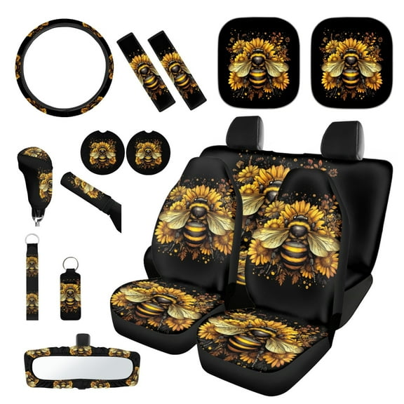 Yuyamidu Bee Car Seat Covers and Steering Wheel Cover Seat Belt Covers Sunflower Car Windshield Sun Shade Handbrake Sets Rear View Mirror Cover Cup Coasters Key Chain 16 PCS Auto Accessories