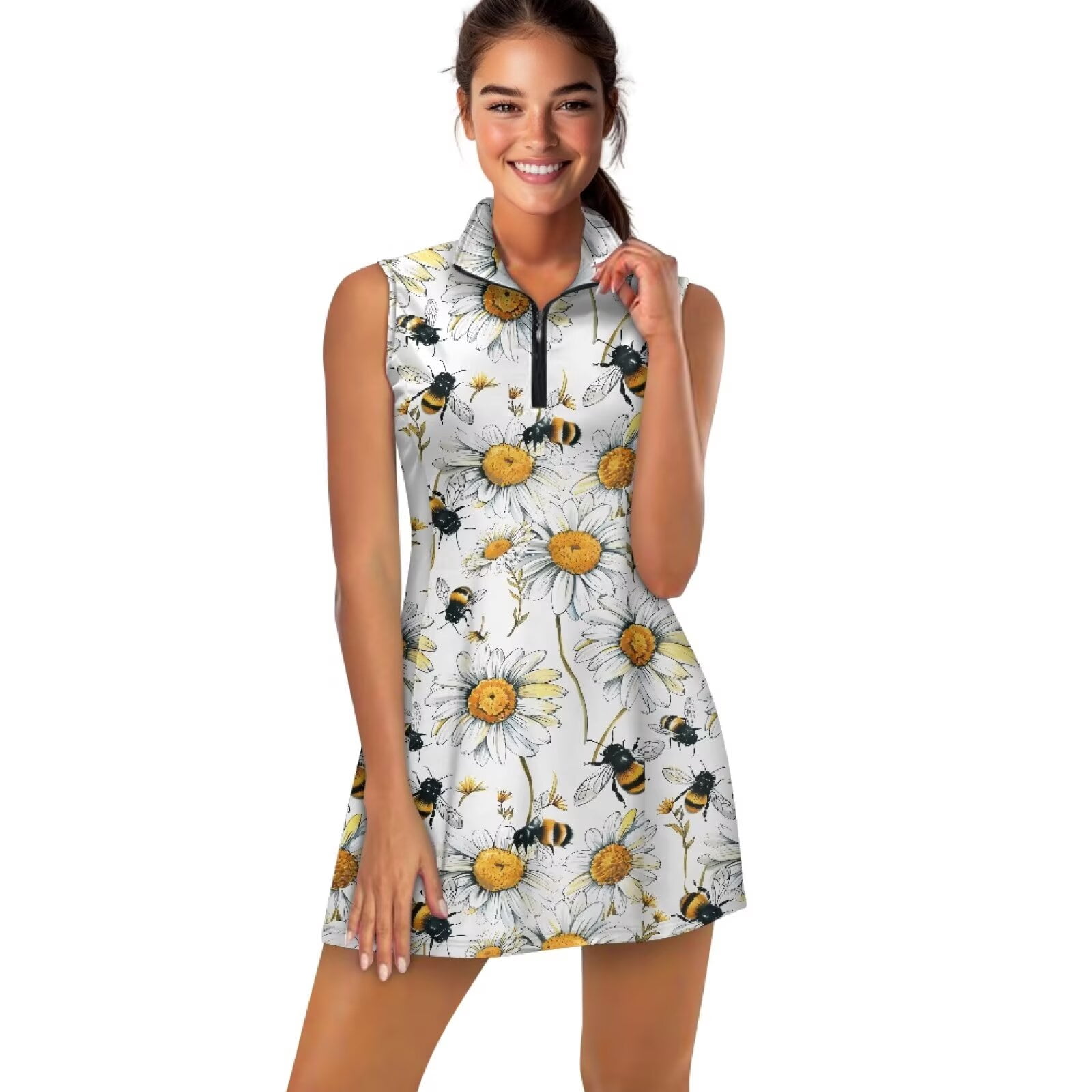 Yuyamidu Bee Daisy Womens Tennis Golf Dresses with Built-in Shorts Womens Sleeveless Golf Tennis Dresses Dry Fit Sports Activewear Dress Moisture Wicking Athletic Dress Size XL