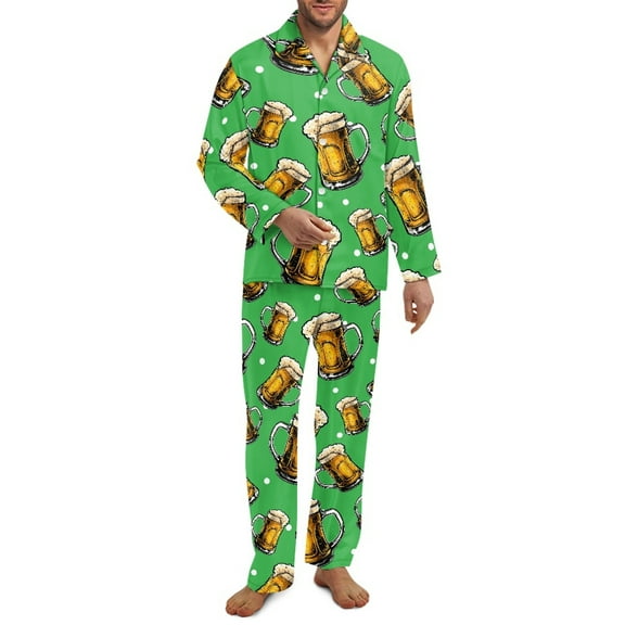 Yuyamidu Beer Long Sleeve Pajama Pants Set for Men 2 Pcs Jogger Loungewear Green Button Down V-Neck Sleepwear Size 3XL Daily Wear Clothes for Fall Winter Spring