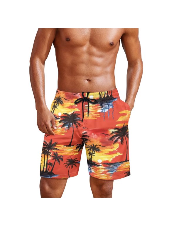 Big and Tall Mens Swim Trunks Quick Dry Board Shorts with Deep Pockets Beach Vacation Swimwear Palm Tree Orange Man XL