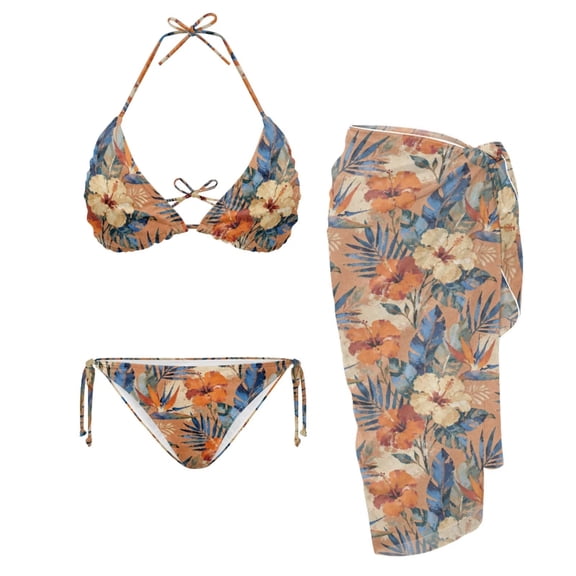 Yuyamidu Bikini Sets for Women Triangle Bikini Top Tie Side Bottom with Cover Up Sarong Wraps Brown Hibiscus Flowers Beach Outfits