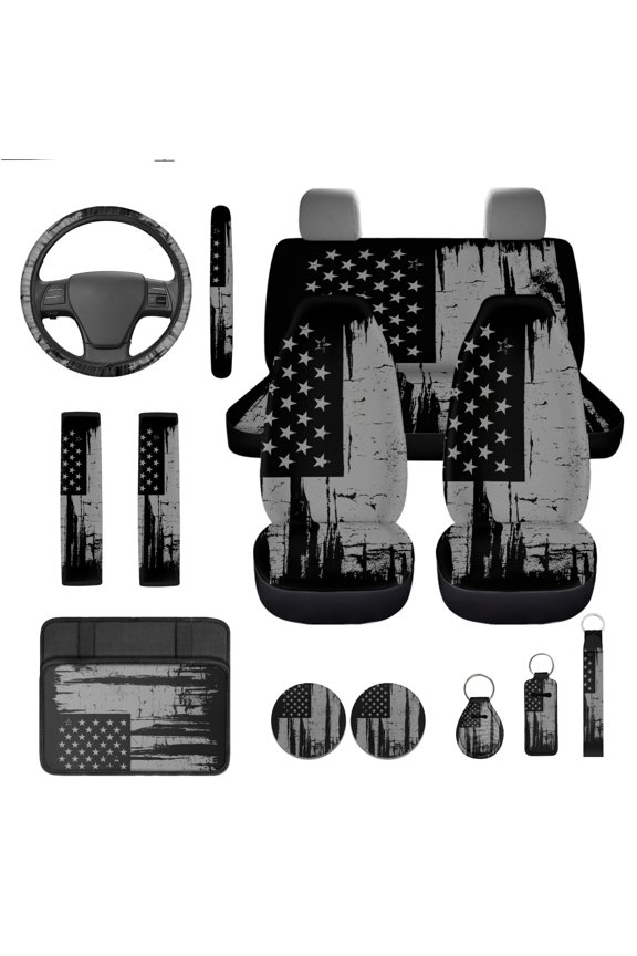 Black American Flag Car Seat Cover Set of 13 Patriotic Steering Wheel Cover Seat Belt Covers Center Console Pad Lip Balm Holder Keychain Coasters for Truck Van SUV Sedan, 4th of July