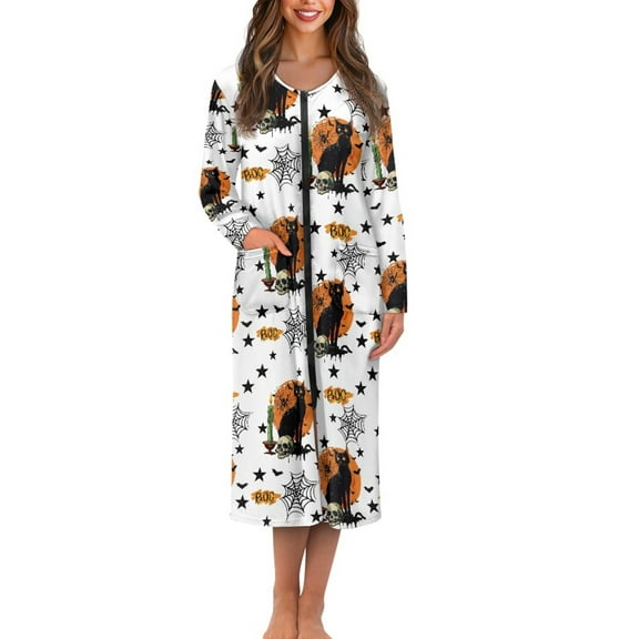 Yuyamidu Black Cat Bathrobe for Women Towel Robe with Front Zipper Cobweb Mid-Calf Length Robes Size 3XL Halloween Sleepwear Ladies Long Elegant Night Robes