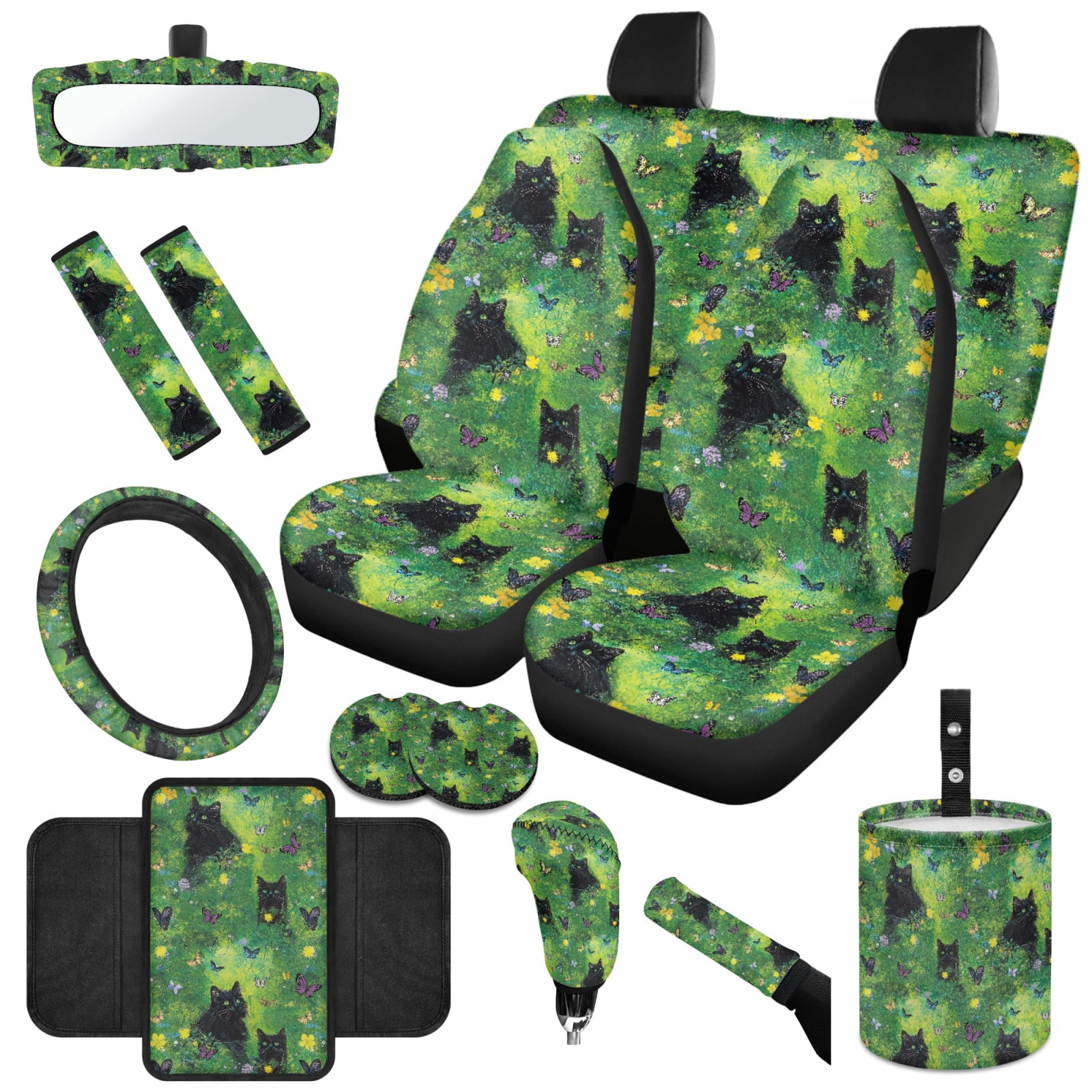 Yuyamidu Black Cat Front Rear Seat Covers for Cars Steering Wheel Cover Butterfly Seatbelt Shoulder Pad Auto Center Console Pad Cover Gear Shift Cover Hand Brake Cover Cup Holders, Set of 14, Green