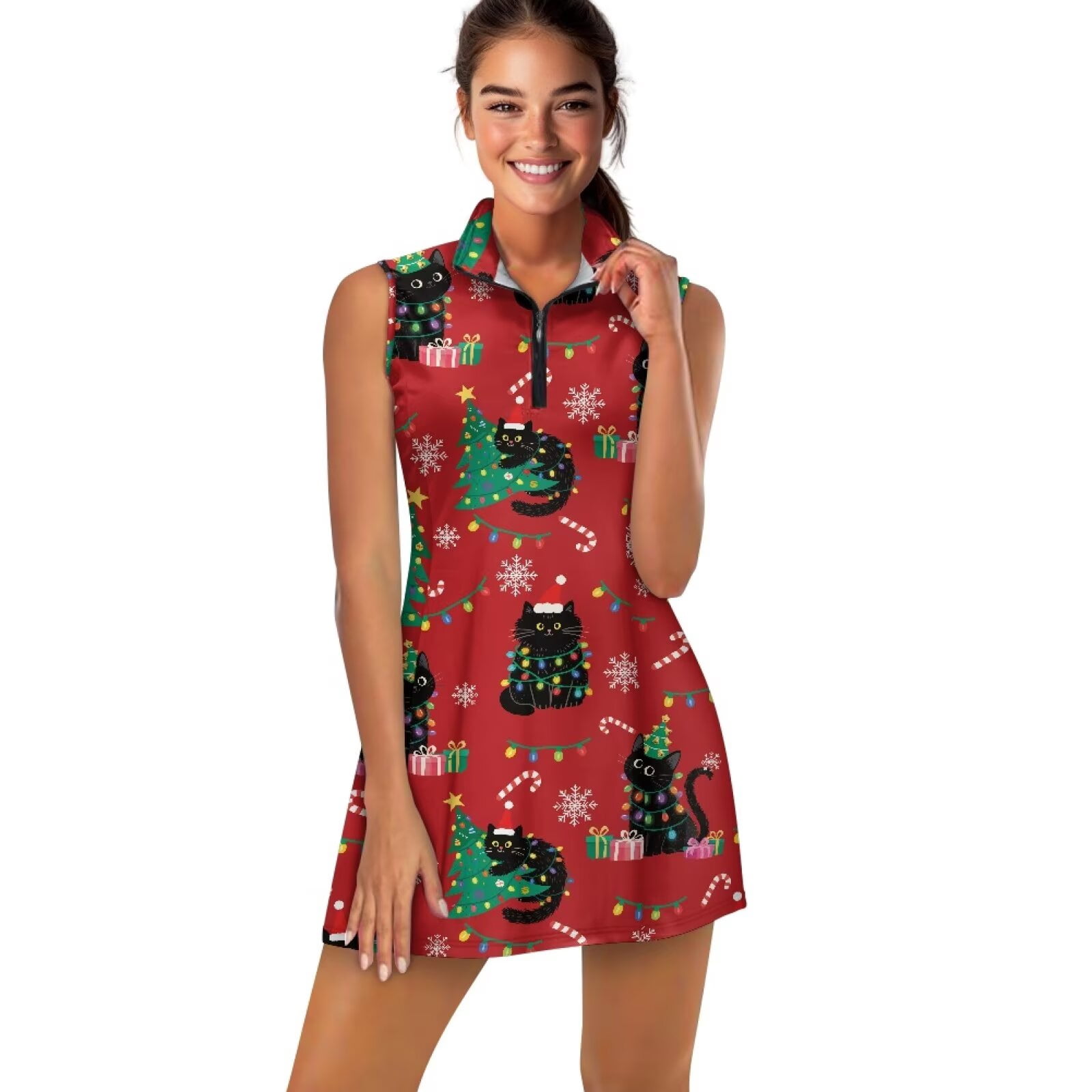 Yuyamidu Black Cat Golf Dress Built-in Shorts with Pockets, Breathable Soft Tennis Tank Dresses Christmas Tree Casual Sleeveless Sport Dress for Women Size S