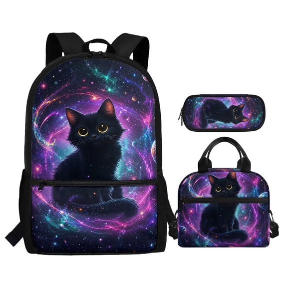 Yuyamidu Black Cat Kids Backpack for Girls Boys with Lunch Box 10-12 Elementary/Middle School Bag and Lunch Bag Pencil Box Children Bookbag Set with Lunch Boxes, 3 in 1