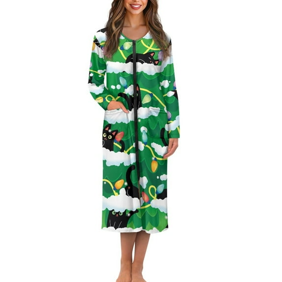 Yuyamidu Black Cat Long Sleeve Robes for Women Size XL Colorful Lights Zip Up Bath Robe Lightweight Nightgowns Long Bathrobe, Green Christmas