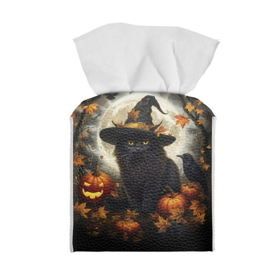 Yuyamidu Black Cat PU Leather Tissue Box Cover for Living Room Square Tissue Box Holder with Bottom Belt Foldable Facial Paper Organizer Dispenser Halloween Decor Gift for Friends