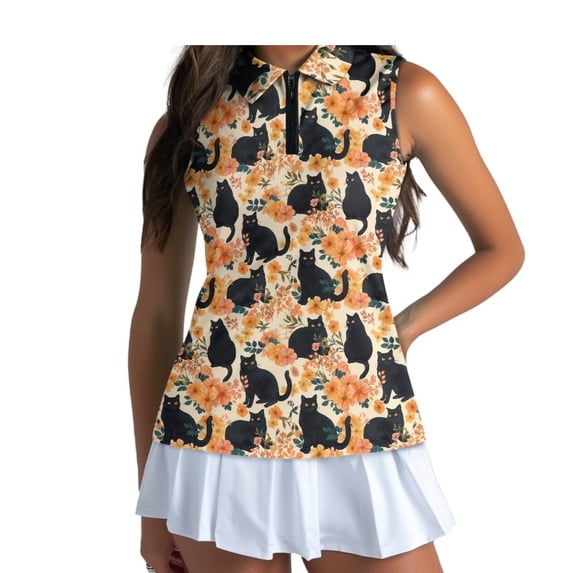 Yuyamidu Black Cat Sleeveless Golf Shirts for Women Quarter Zip Collar Halloween Tennis Shirts Breathable Quick-dry Fabric, Slim Fitted Cut, Suitable for Golf Training, Tennis, Casual Daily Wear