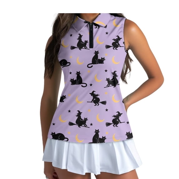 Yuyamidu Black Cat Witch Sleeveless Golf Shirts for Women Tennis Shirts Stretchy Breathable Fabric, Quarter Zip Collar, Slim Fit Cut, Suitable for Golf Course, Purple Halloween Casual Daily Wear