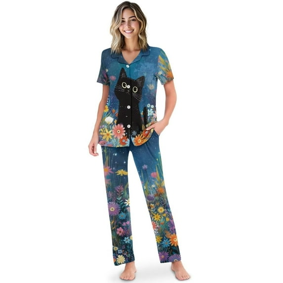 Yuyamidu Black Cat Womens Button Down Pajama Sets Loungewear Soft 2 Piece Pjs Sets Short Sleeve Top Long Pants Blue Sleepwear Loungewear
