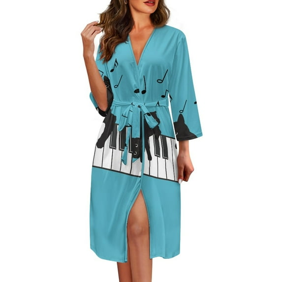 Yuyamidu Black Cat Womens Robes Lightweight Long Nightgown Music Note Bathrobe for Women Sexy Long Sleeves Sleepwear Pajamas Size M Soft Dressing Gown Blue Robe for Bride
