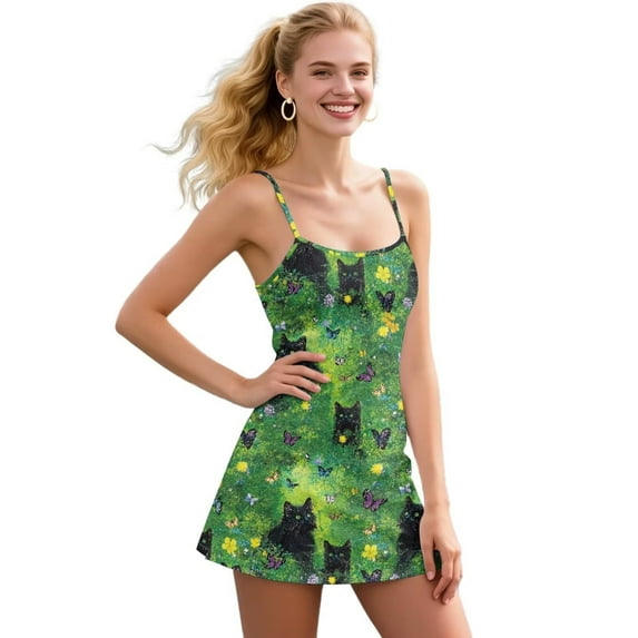 Yuyamidu Black Cat Womens Tennis Dress, 2 Pieces Butterfly Golf Workout Dress with Shorts, Women's Spaghetti Strap Activewear Dresses Size XS, Green