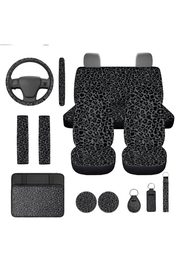 Black Leopard Print Car Seat Cover Full Set Fashion Steering Wheel Cover Seat Belt Pad Cover Coasters Armrest Cover Keychain Car Decor, 13 Pack