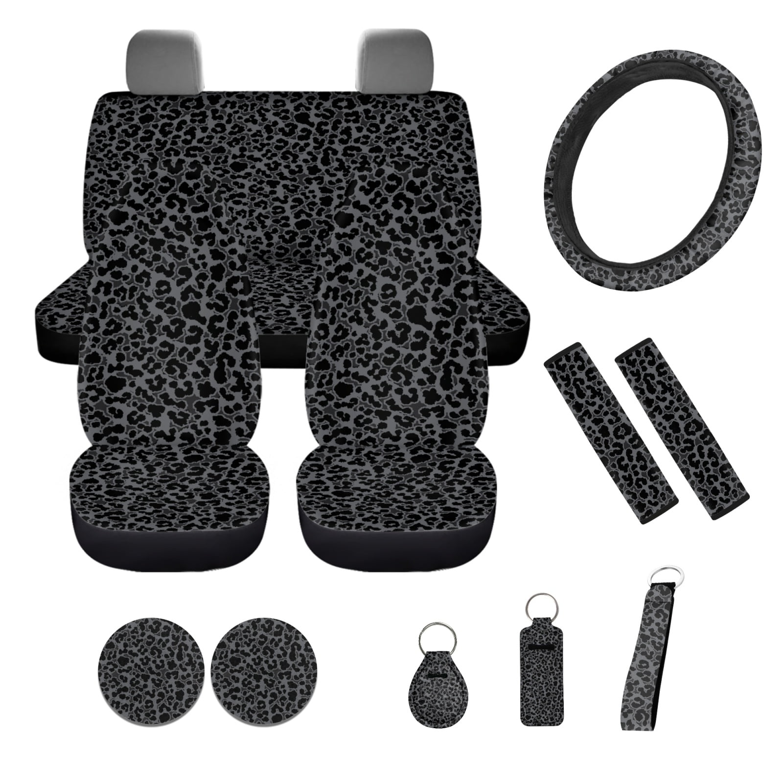 Yuyamidu Black Leopard Print Car Seat Cover Set Steering Wheel Covers Auto Seatbelt Pads Cup Coaster Lipstick Organizer Keychain Wrist Key Chain, 12 Piece