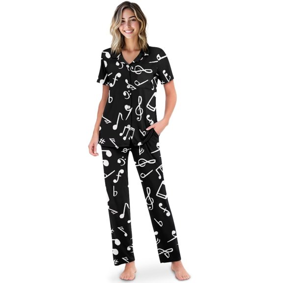 Yuyamidu Black Music Note Women Pajamas Set Soft Classic Notch Colalr Pjs Comfy Short Sleeve Button Down Sleepwear with Long Pants