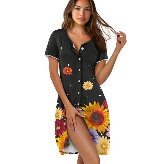 Yuyamidu Black Nightgowns for Women Button Down Sleepshirt Flower Print Pajamas Dress Short Sleeve Crew Neck Summer Lounge Dress