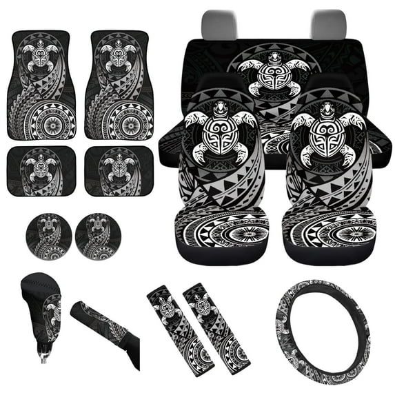 Yuyamidu Black Polynesia Car Seat Cover Sea Turtle Car Carpet Mats Steering Wheel Cover Seatbelt Pads Auto Handbrake Cover Set Coasters for SUV Van Sedan, 15 Piece