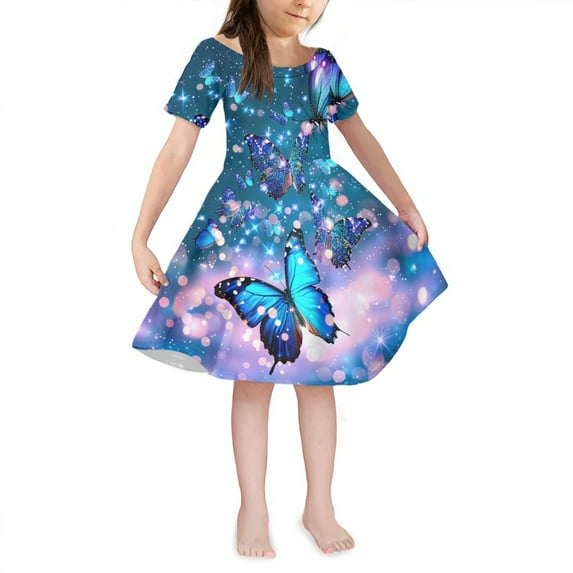Yuyamidu Bling Butterfly Dress Up Clothes for Little Girls 5T-6T Blue Kids A-Line Dresses Fashion Summer Spring Short Sleeve Sundress Comfortable Party Going Out School Midi Dress