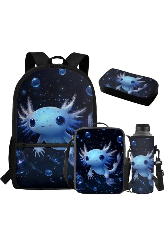 Blue Axolotl Backpack Lunchbox Set for Kids 4 in 1 Children School Bags and Lunch Box for Boys Preschool Bookbag with Lunch Bags + Pencil Case + Water Bottle Bag Girls Book Bags
