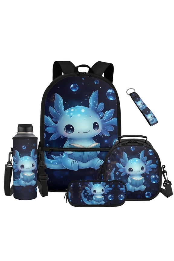 Blue Axolotl Bookbag for Girls 7-8 Large Capacity 17 Inch Backpack with Lunchbox Pencil Pouch Water Bottle Holder Keychain Set of 5 2nd-3rd Grade Elementary School Bag